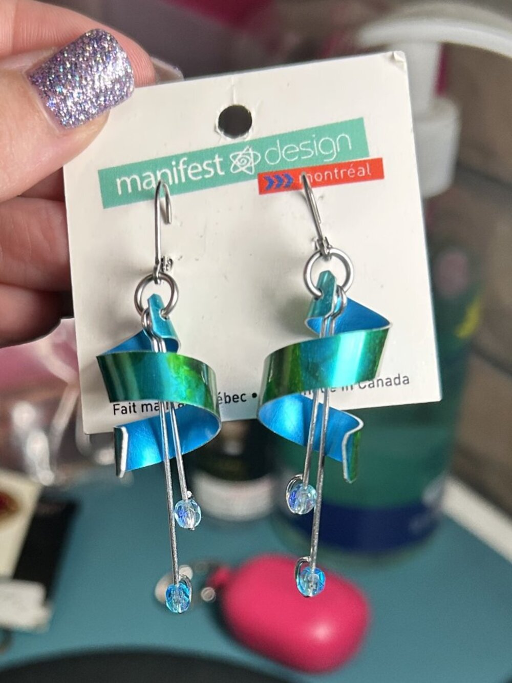 Manifest Design 3D Spiral Dangle Earrings Anodized Blue Green Handmade Canada